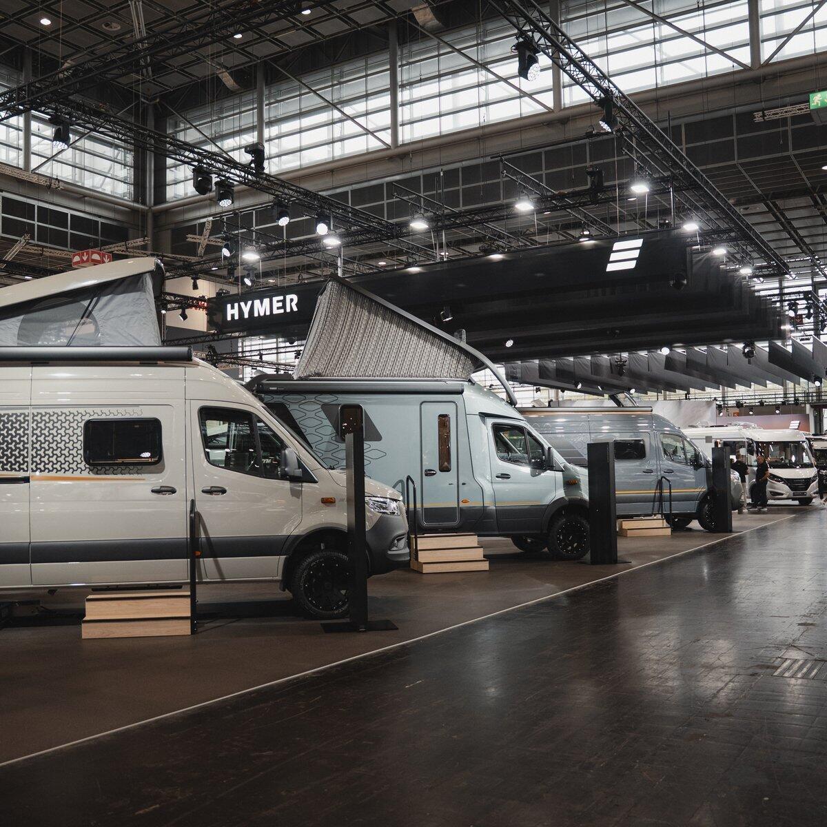 HYMER exhibition stand at Caravan Salon 2026 with motorhomes on display