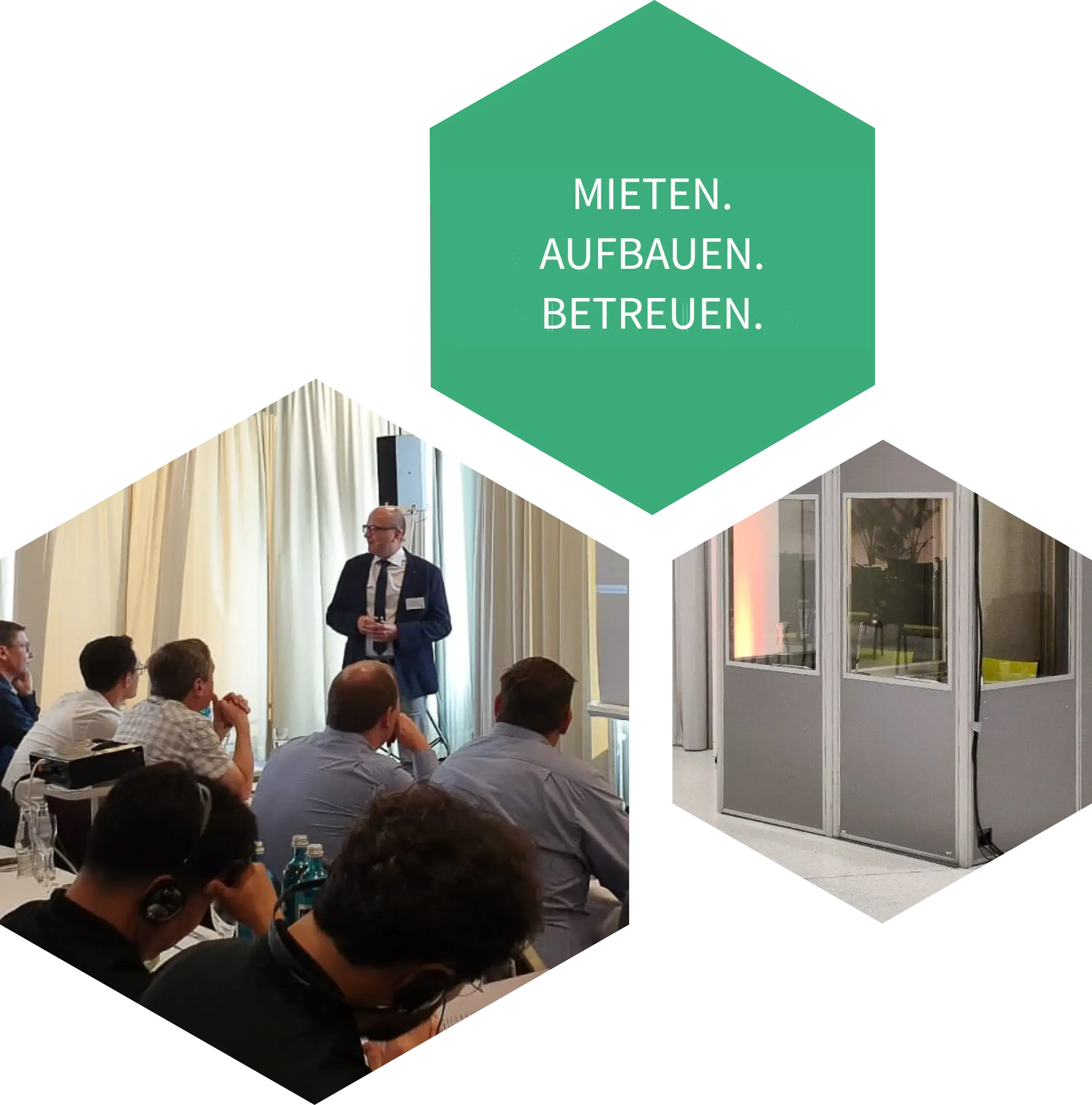 Dolmetschtechnik mieten: Konferenzteilnehmer mit Kopfhörern und Dolmetscherkabine