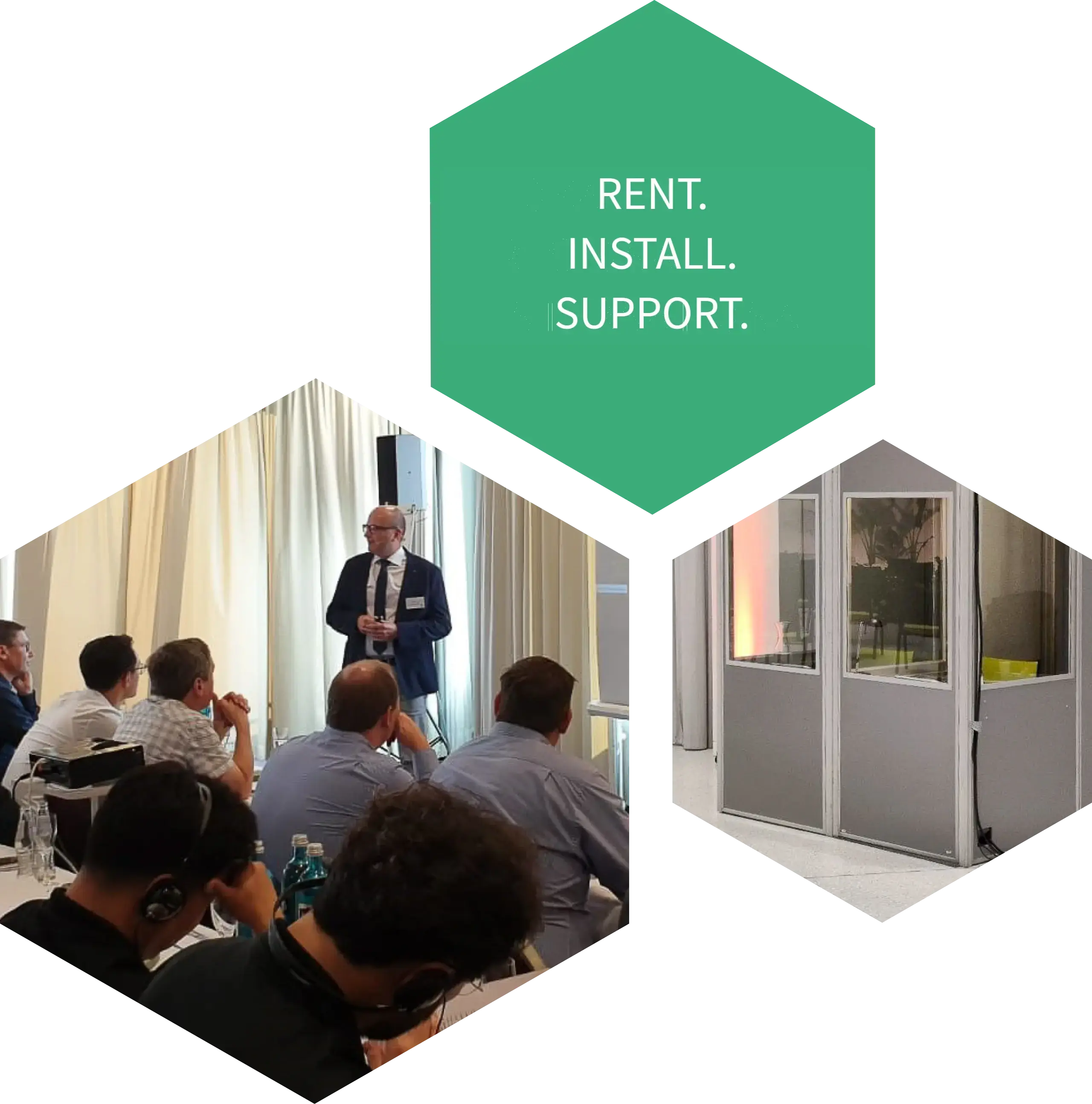 Rent interpreting equipment: conference participants with headphones and an interpreting booth